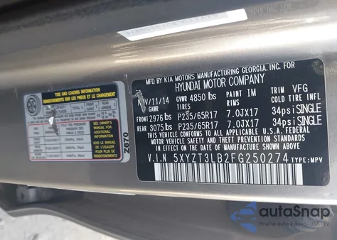 2015 Hyundai Santa Fe Sport из США, поврежденный, VIN 5XYZT3LB2FG250274